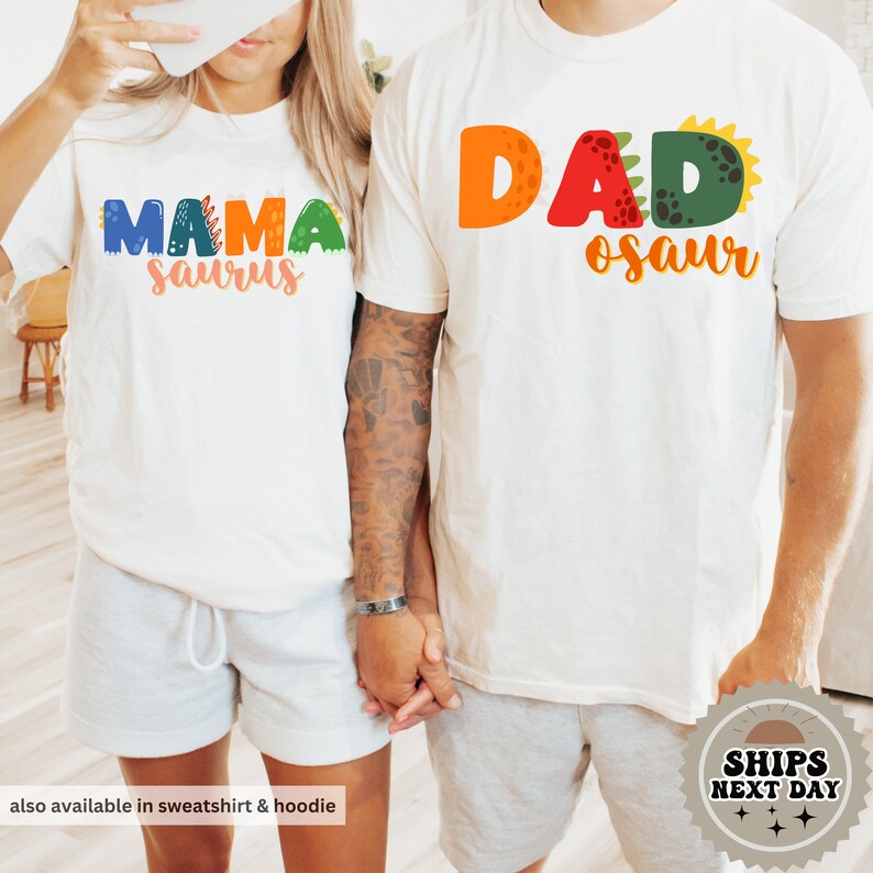 a man and a woman wearing matching shirts