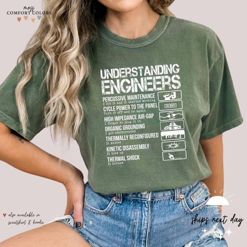 May include: A green t-shirt with a white graphic that says "Understanding Engineers" and lists a humorous definition of engineering terms.