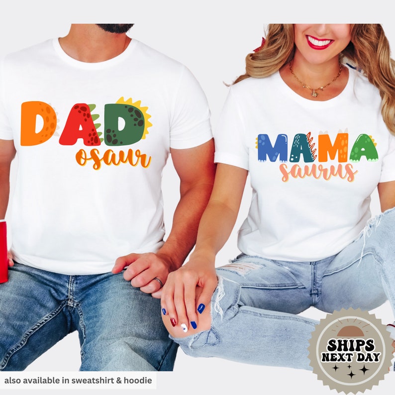 a man and a woman wearing matching shirts