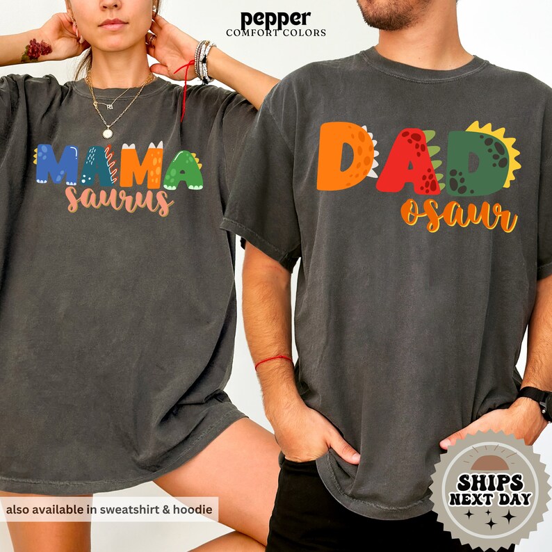 a man and a woman wearing matching tshirts