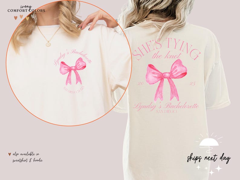a woman wearing a t - shirt with a pink bow on it