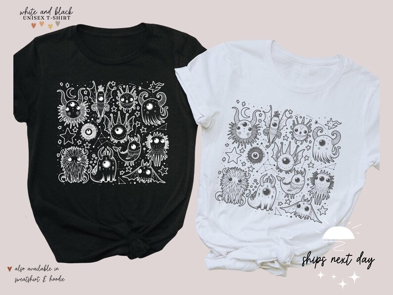 May include: Two t-shirts with a black and white design of various cartoon monsters and stars. The design is printed on a black t-shirt and a white t-shirt.