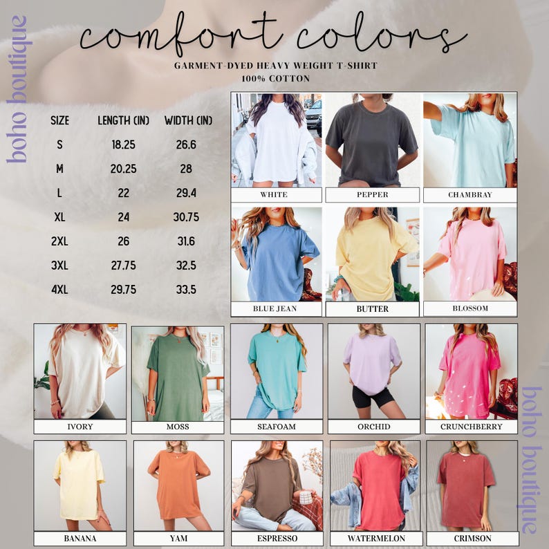 May include: A collection of garment-dyed heavy weight 100% cotton t-shirts in various colors including white, pepper, chambray, blue jean, butter, blossom, ivory, moss, seafoam, orchid, crunchberry, banana, yam, espresso, watermelon, and crimson.