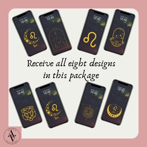 May include: Eight phone screen designs featuring the zodiac sign Leo in different styles. The designs include a lion, a crescent moon, stars, and constellations. The text "Receive all eight designs in this package" is displayed below the images.