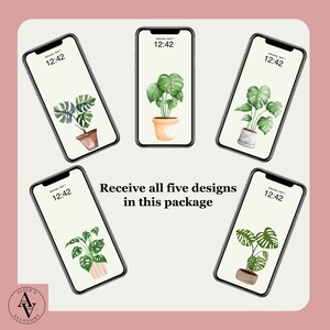 May include: Five phone wallpapers featuring different watercolor illustrations of potted plants. Each wallpaper has a digital clock displaying "Saturday, April 1, 12:42".