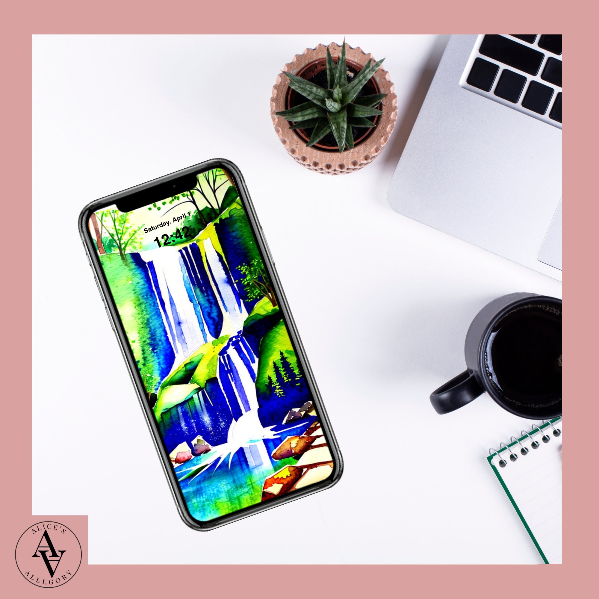 Waterfall Phone Wallpaper | Watercolor Art | iPhone Android Smartphone ...