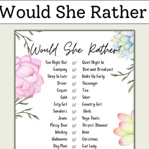 Would She Rather Bridal Shower Game | This or That Bachelorette Game | Printable Bridal Shower Games | Succulent Theme Bridal Game