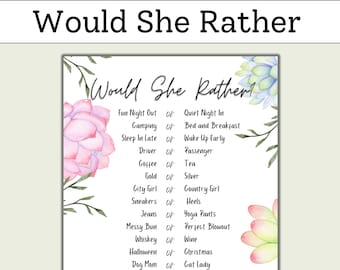 Would She Rather Bridal Shower Game | This or That Bachelorette Game | Printable Bridal Shower Games | Succulent Theme Bridal Game