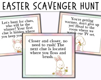 May include: Four colorful cards with bunny illustrations and text that reads "Let's hunt for clues, who will be the winner? Your first clue is hidden where you keep your toothbrush."  "You're getting warmer, don't give up yet! Head to the room where we watch our TV set."  "Closer and closer, no need to rush! The next clue is located where you floss and brush."