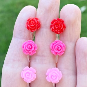Invisible ROSE Clip On Earrings (Red Pink Blue Yellow Coral Teal White Gray) Kids Little Girls Flower Hypoallergenic Jewelry