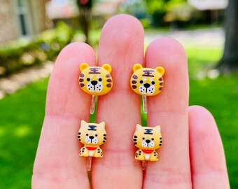 Invisible TIGER Clip On EARRINGS for Little Girls Kids Womens Fun Cute Mascot Gold Orange Stripe Cat  Jungle Hypoallergenic Jewelry Gifts