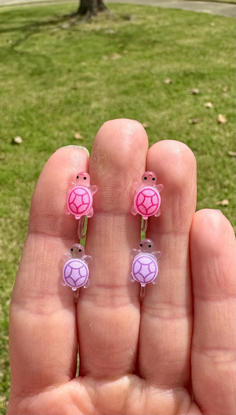 Puede incluir: Cuatro peque&ntilde;os amuletos de tortuga, dos rosas y dos morados, con un acabado de pl&aacute;stico transparente. Los amuletos est&aacute;n en un anillo de pl&aacute;stico transparente.