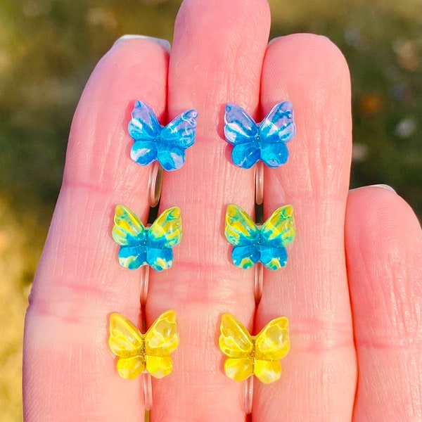 Invisible BUTTERFLY Clip On EARRINGS for Little Girls Kids Womens Cute Dainty Hypoallergenic Jewelry Coral Blue Pink Yellow Rainbow