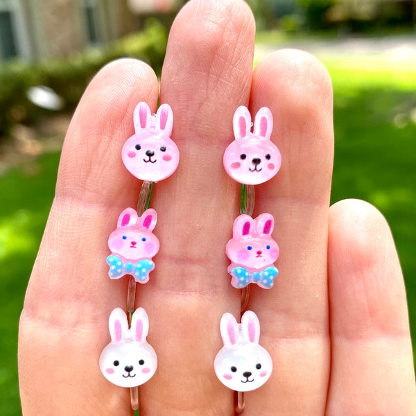 Invisible BUNNY Rabbit Clip On EARRINGS for Little Girls Kids Womens, Easter Pink White Spring Cute Dainty Hypoallergenic Handmade Jewelry