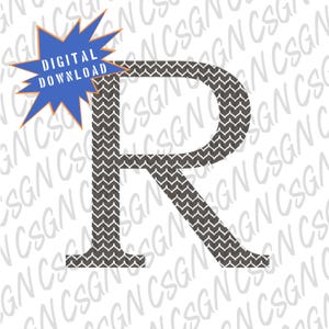 May include: A gray letter R with a white chevron pattern. The letter is on a white background with the words "DIGITAL DOWNLOAD" in a blue starburst.