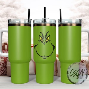 Bioworld The Grinch Grinning Face 40 Oz Green Stainless Steel  Tumbler With Handle: Tumblers & Water Glasses