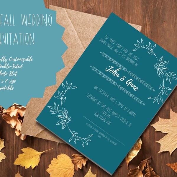Custom Fall Wedding Invitation: Teal Jewel Tones, White Wording, Personalized Photo Slot