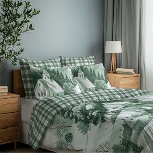 Rustic Winter Lodge Bedding Set Reversible Plaid Comforter Gift Forest Green Buffalo Check Bedding Bundle Cottage Style Holiday Decor