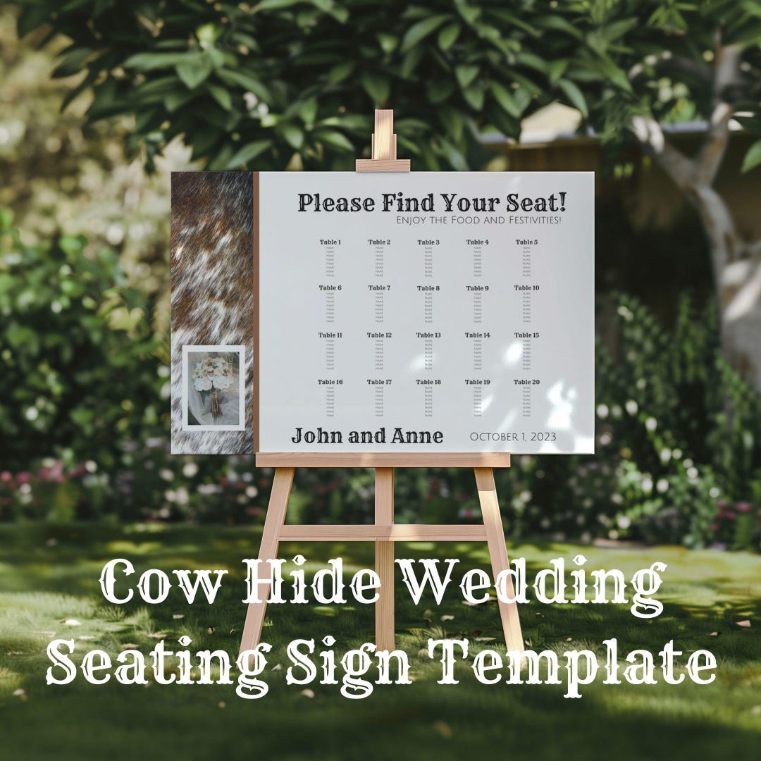 Editable Wedding Seating Chart Sign Large Cowhide Table Number and Find ...
