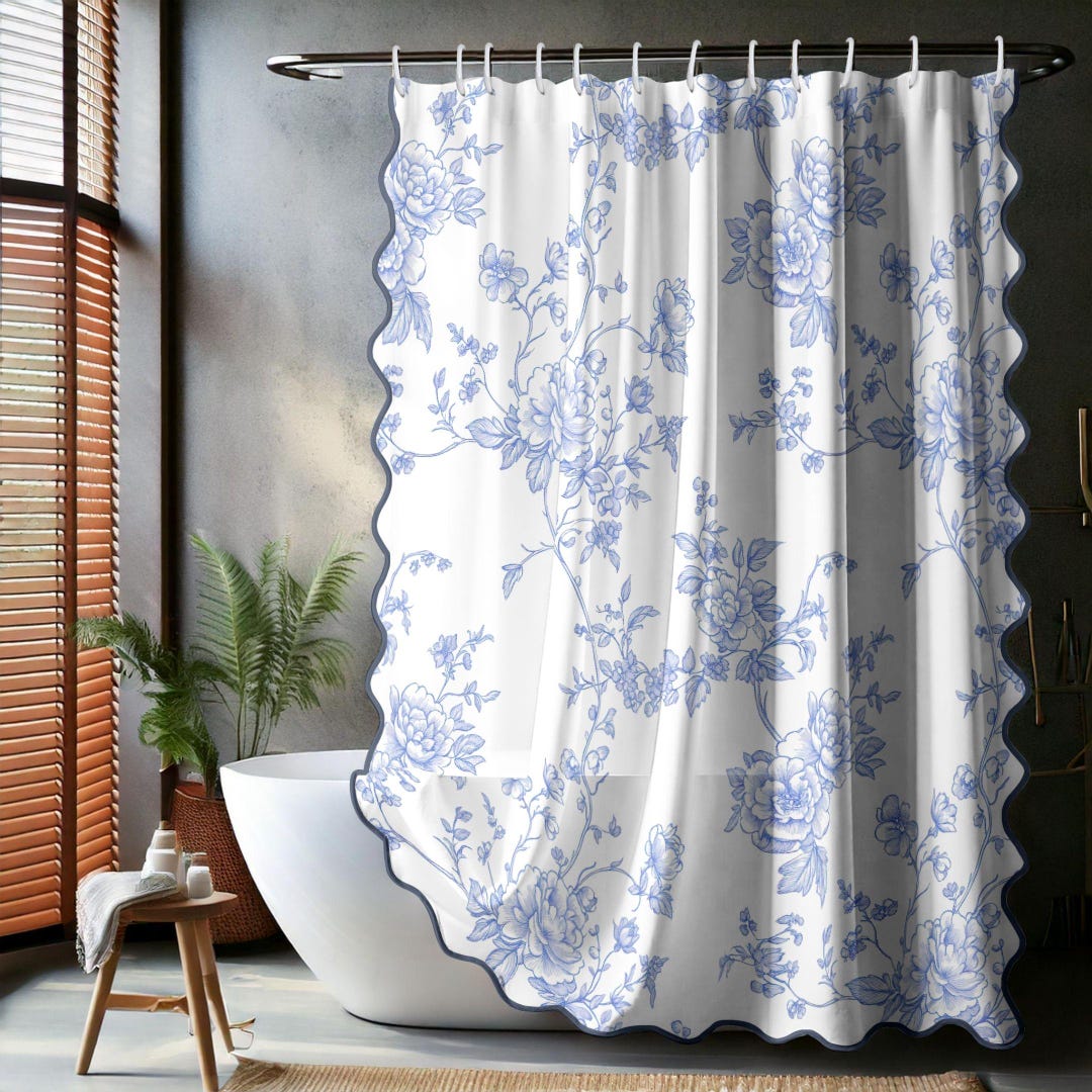 Floral Scalloped Shower Curtain Blue White Cotton Shabby Chic French ...