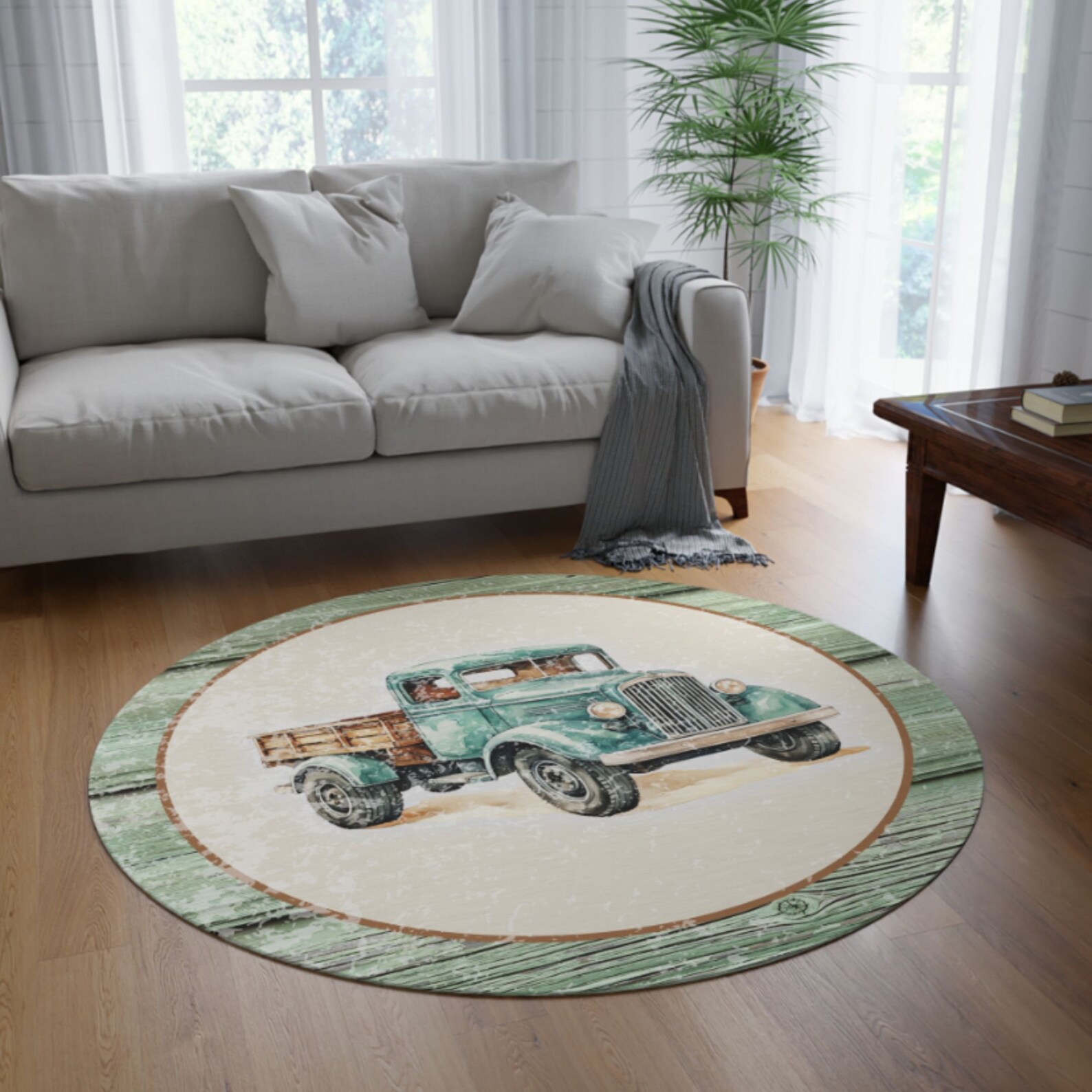 Farm Car Rug Farmhouse Round Rug Vintage Truck Design Ideal Housewarming Present - Etsy