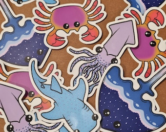 Aquatic Animal Sticker Pack: Crab, Shark, Squid, Stingray