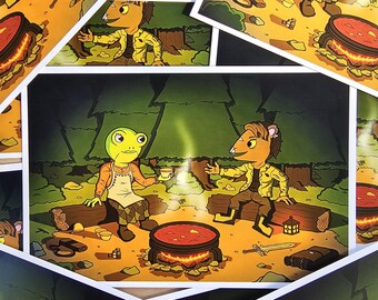 Frog and Rat cooking soup Together: Art Print