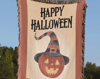 Vintage Halloween Pumpkin Blanket Woven Fall Throw Blanket Couch Gothic Retro Picnic Blanket Cozy Tapestry Blanket Textile Wall Art Hanging