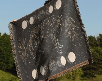 Celestial Wolf And Moon Woven Blanket, Wolf Tapestry, Woven Blanket, Moon Tapestry, Moon Wall Hanging, Boho Throw Blanket, Zodiac Tapestry