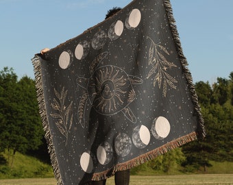 Moon Phases Wall Art Celestial Sea Turtle Woven Blanket Tapestry Boho Throw Witchy Totem Spirit Animal Textile Wall Hanging Pagan Decor