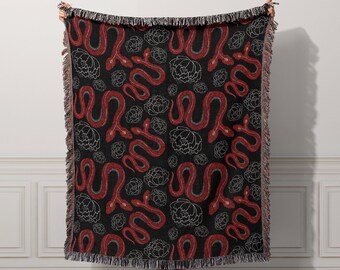 Two Headed Snake Woven Blanket, Woven Blanket, Snake Tapestry, Textile Wall Hanging, Gothic Blanket, Floral Tapestry, Dark Academia Decor