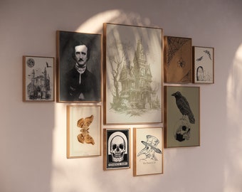 Dark Academia Print Printable Decor Set of 9 Prints Halloween Collection Gothic Goth Aesthetic Moth Skeleton Edgar Allan Poe Raven Crow Art