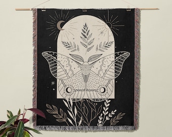 Celestial Moth Sonne Mond Laub gewebte Decke, gewebte Decke, Mond Wandbehang, Boho Decke, Botanischer Motten Wandbehang