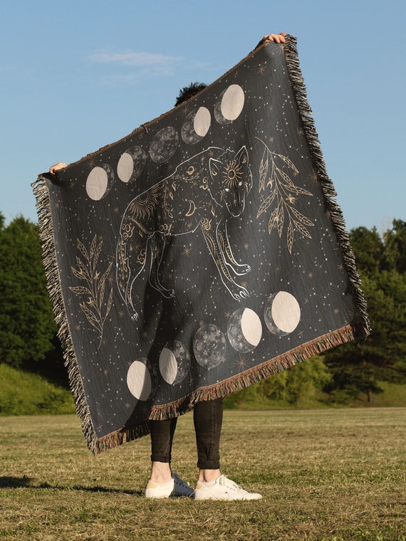 Celestial Wolf And Moon Woven Blanket, Wolf Tapestry, Woven Blanket, Moon Tapestry, Moon Wall Hanging, Boho Throw Blanket, Zodiac Tapestry
