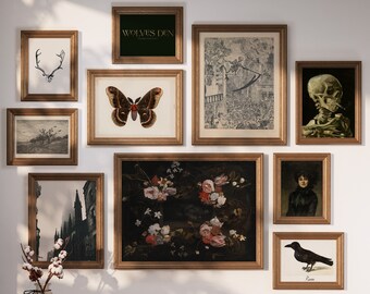 Dark Academia Print Printable Decor Set of 9 Prints Halloween Collection Gothic Goth Aesthetic Moth Vincent Van Gogh Skeleton Raven Crow Art