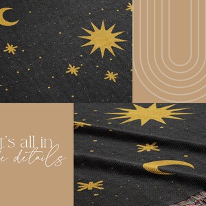 K&ouml;nnte beinhalten: Eine schwarze gewebte Wolldecke mit einem himmlischen Muster aus goldenen Sternen und Monden. Der Text "It's all in the details" ist auf einem braunen Hintergrund gedruckt.