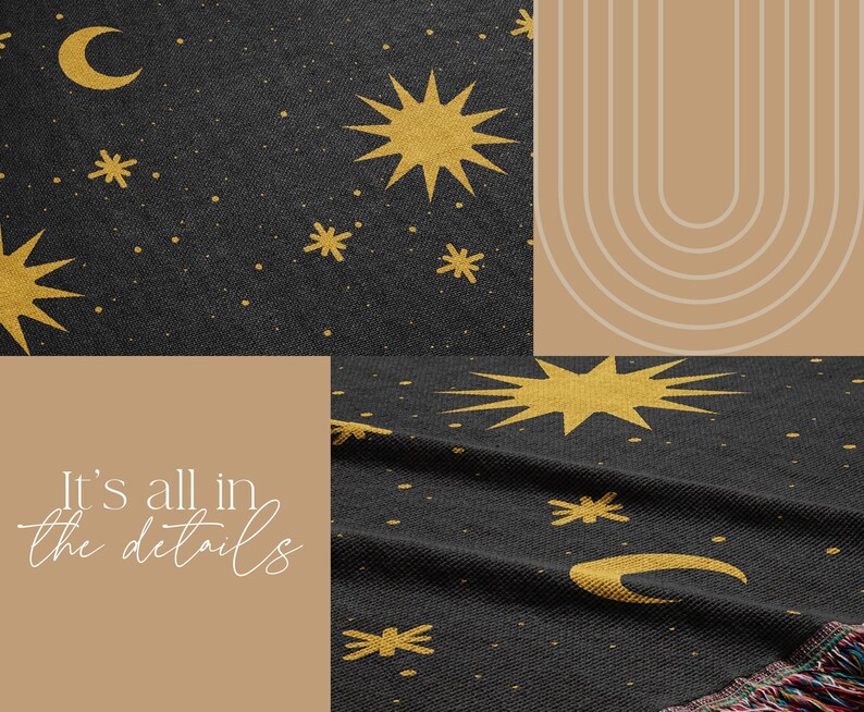 K&ouml;nnte beinhalten: Eine schwarze gewebte Wolldecke mit einem himmlischen Muster aus goldenen Sternen und Monden. Der Text "It's all in the details" ist auf einem braunen Hintergrund gedruckt.