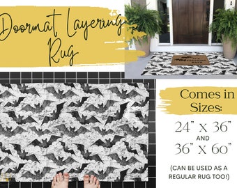 Bats Horror Halloween Doormat Layering Rug, Woven Accent Goth Rug, Entry Way Fall Front Door Porch Mat Small 2x3 rug 3x5 White and Black Rug