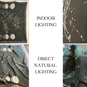 May include: A green woven throw blanket with a gold wolf and moon design. The blanket has fringe on all sides. The text "INDOOR LIGHTING" and "DIRECT NATURAL LIGHTING" is visible in the image.
