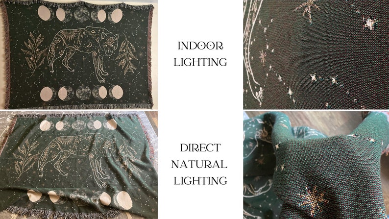May include: A green woven throw blanket with a gold wolf and moon design. The blanket has fringe on all sides. The text "INDOOR LIGHTING" and "DIRECT NATURAL LIGHTING" is visible in the image.
