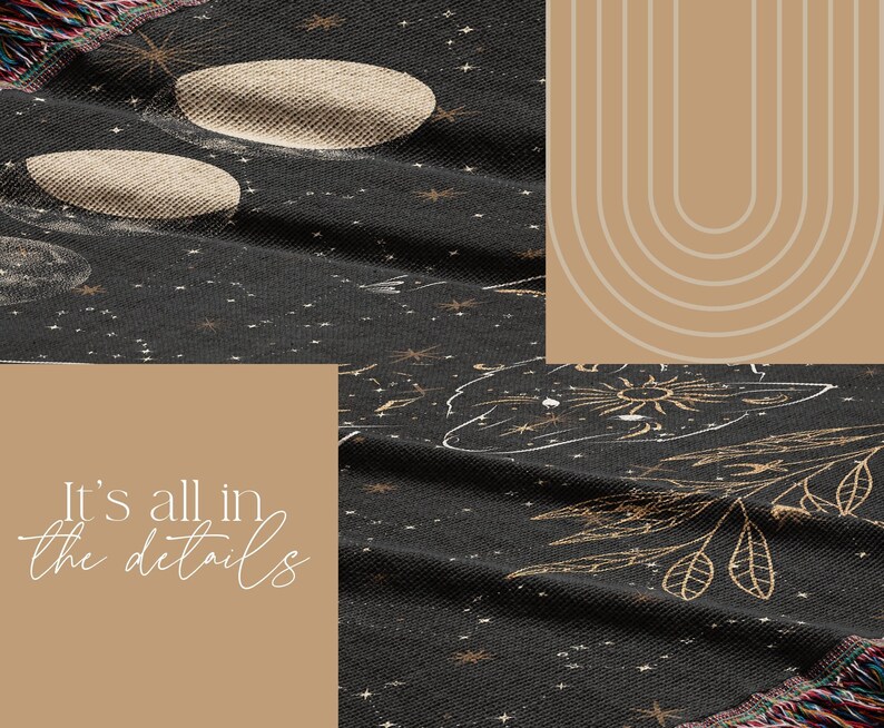 May include: A black woven throw blanket with a celestial design featuring moons, stars, and botanical elements. The blanket has a fringe border and the text "It's all in the details" is printed on a tan background.