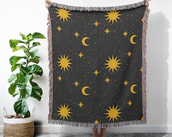 Sun Moon Stars Woven Blanket, Moon Tapestry, Moon Wall Hanging, Boho Throw Blanket, Sun Moon Stars Tapestry, Alter Cloth, Celestial Tapestry