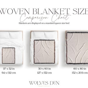 May include: A comparison chart of woven blanket sizes displayed on a queen-sized bed. The chart shows three different sizes: 37 x 52 inches (94 x 132 cm), 50 x 60 inches (127 x 152 cm), and 60 x 80 inches (152 x 203 cm).