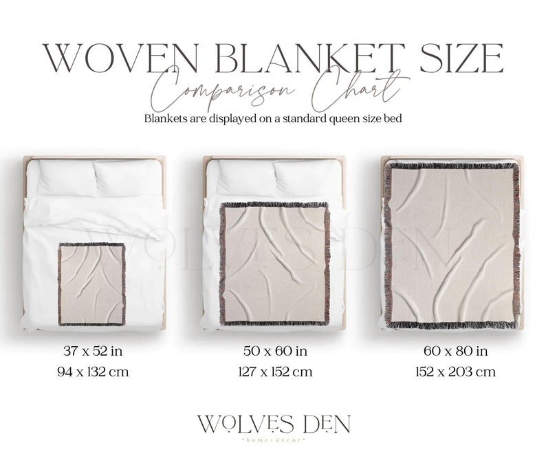 May include: A comparison chart of woven blanket sizes displayed on a queen-sized bed. The chart shows three different sizes: 37 x 52 inches (94 x 132 cm), 50 x 60 inches (127 x 152 cm), and 60 x 80 inches (152 x 203 cm).