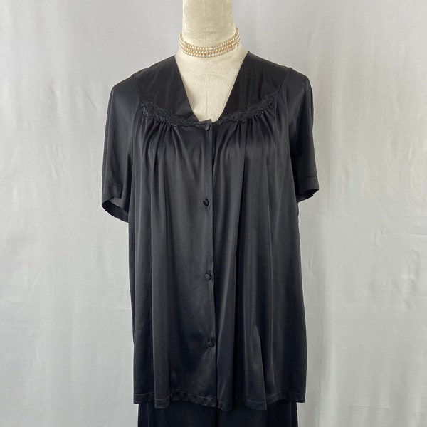 Vintage Vanity Fair Black Satin Pajama Set Button Up Short Sleeve Top and Pants Size XL | Vintage Black Pajama Set | Christmas Gift for Her