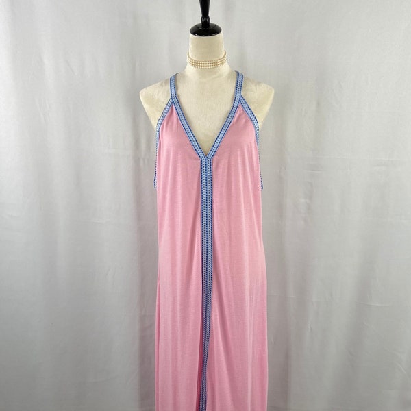 Chic Pink Jersey Knit Style Nightgown with Blue Trim Detail, Vintage Sleeveless Full-Length Sleepwear, Retro Feminine Nightwear, Boho Sleep