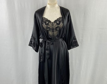 Vintage Barbizon Black Long Nightgown Matching Full Length Peignoir and Black Lace, Sexy Romantic, Noir Boudoir, Honeymoon Lingerie Negligee