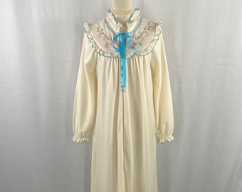 Elegant Vintage "It's A Charm" Full Length Housecoat or Robe w/ Pastel Blue Accents Embroidered Floral Design Size M, Cottagecore, Feminine