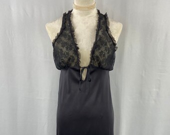 Elegant Vintage Boudoir Deep V-Neck Nightgown with Sheer Lace Detailing, Vintage Sexy Black Lace Negligee, Boudoir Sleepwear