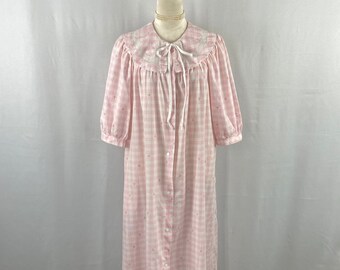 Vintage Pink Gingham Nightgown Floral Detail Lace Trim Bow Accent, Retro Day Dress, Cottagecore, Rockabilly, Classic Retro Women's Sleepwear